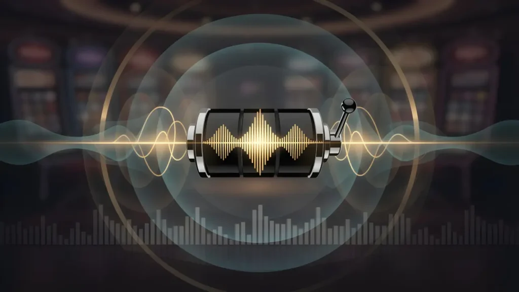 slot machine reel with visual sound waves illustrating audio design in digital casino platforms