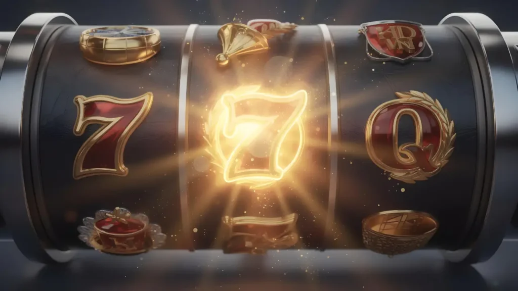 close-up of slot machine reels with glowing lucky seven jackpot symbol and casino icons