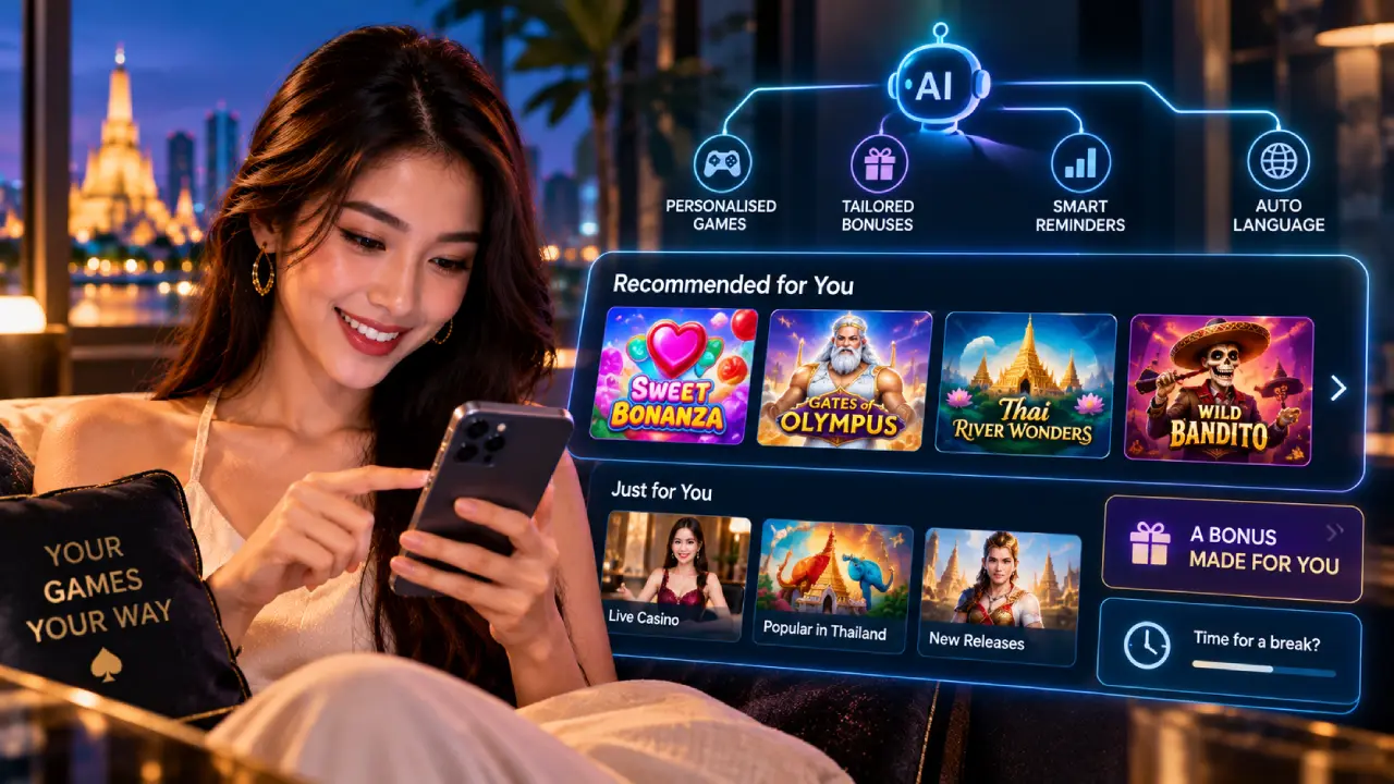 Thai online casino player using an AI-powered mobile platform with personalised game recommendations, tailored bonuses and smart gaming reminders.
