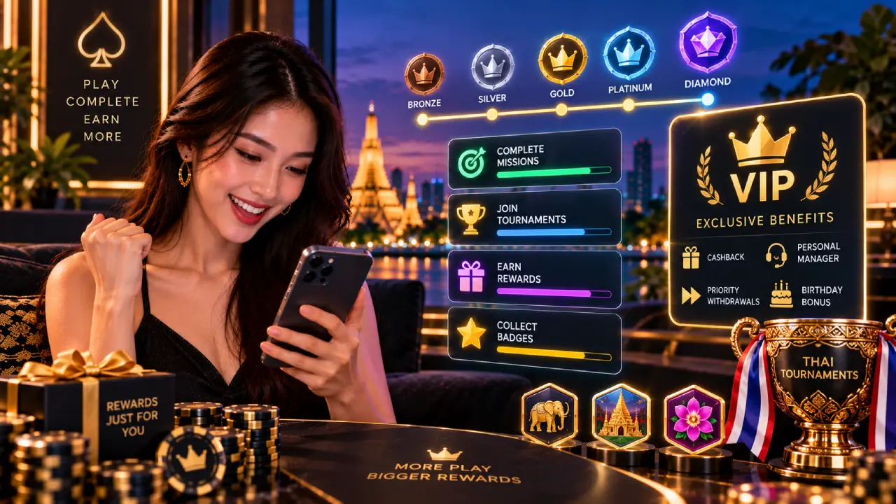 Thai online casino player using a gamified loyalty programme with VIP tiers, missions, tournaments, cashback rewards and collectable badges.