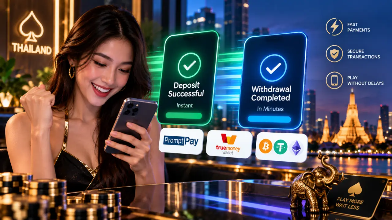 Thai online casino player using fast mobile payments with instant deposits and withdrawals through PromptPay, TrueMoney Wallet and cryptocurrency.