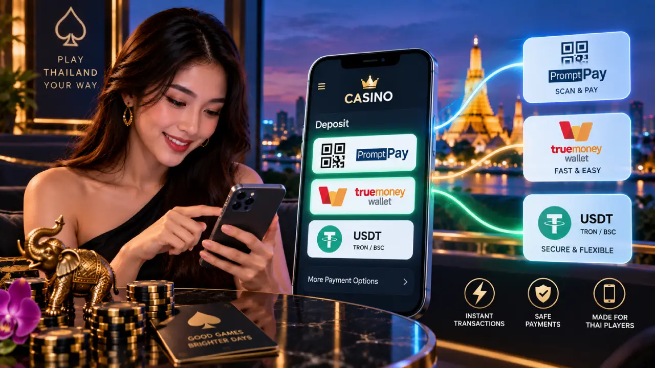 Thai online casino player using local payment methods including PromptPay QR, TrueMoney Wallet and USDT for fast and secure mobile transactions.