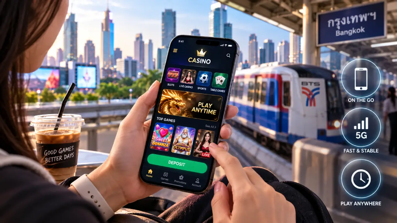 Thai player using a mobile-first online casino on a smartphone while traveling on Bangkok BTS, highlighting fast 5G gaming and easy mobile access.
