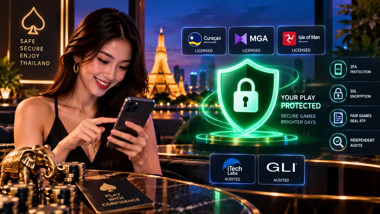 Thai online casino player using a secure platform with 2FA, SSL encryption, transparent licensing, RTP information and independent game audits.