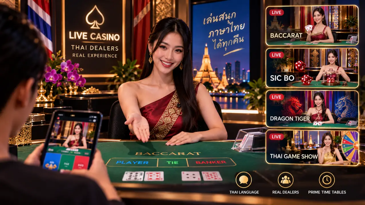 Thai-speaking live casino dealer hosting baccarat with Sic Bo, Dragon Tiger and game show tables designed for Thai online casino players.