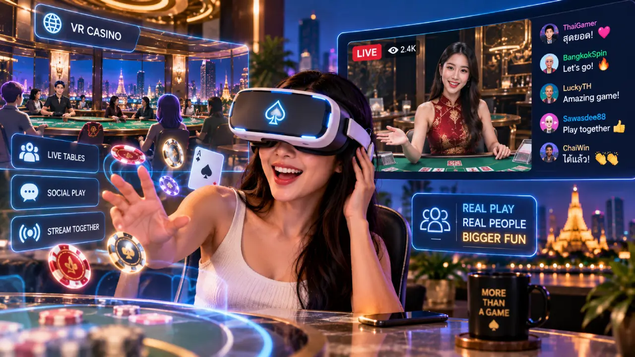 Thai online casino player using VR with live dealer streaming, interactive tables and social gaming features in an immersive virtual casino.