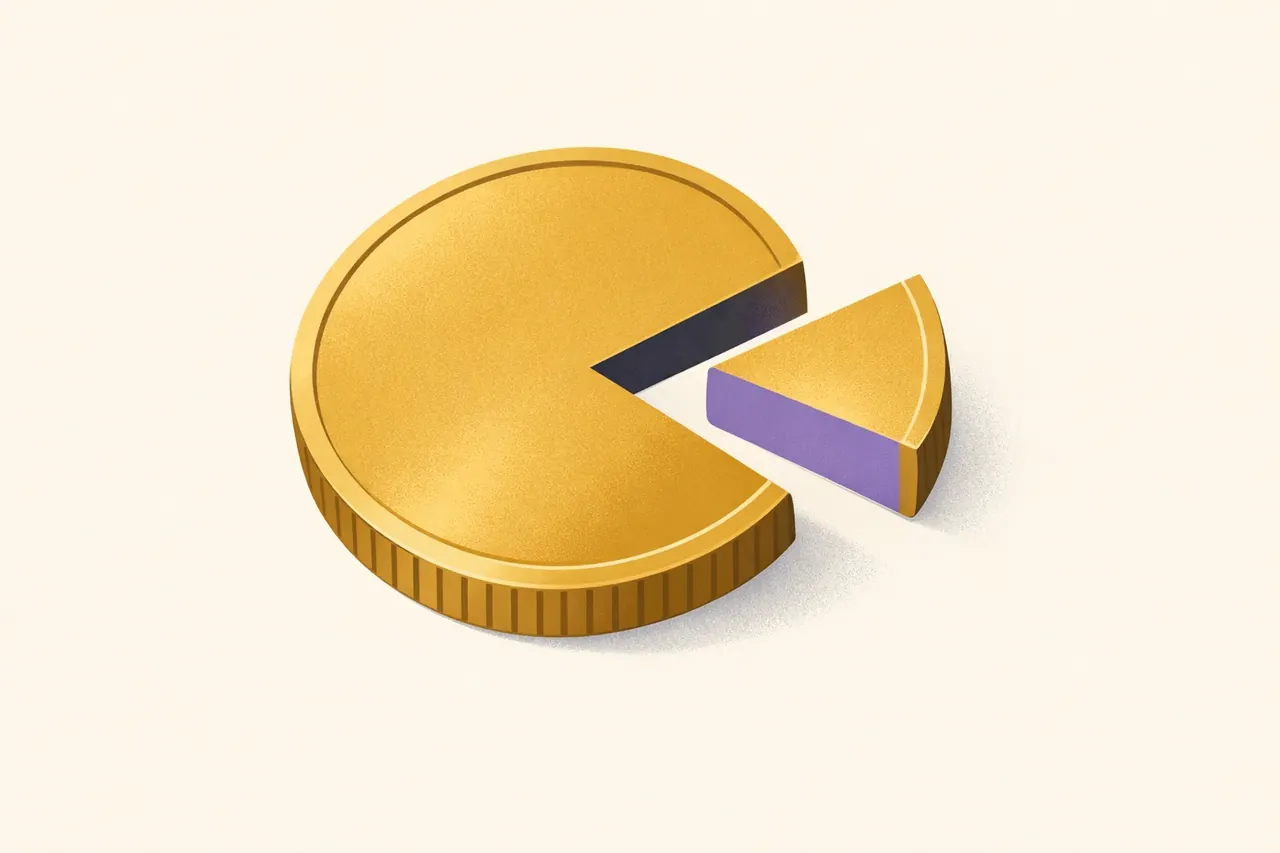 A brass coin with a thin wedge slice cut out, illustrating the fees Binance.us charges on Ethereum trades and withdrawals