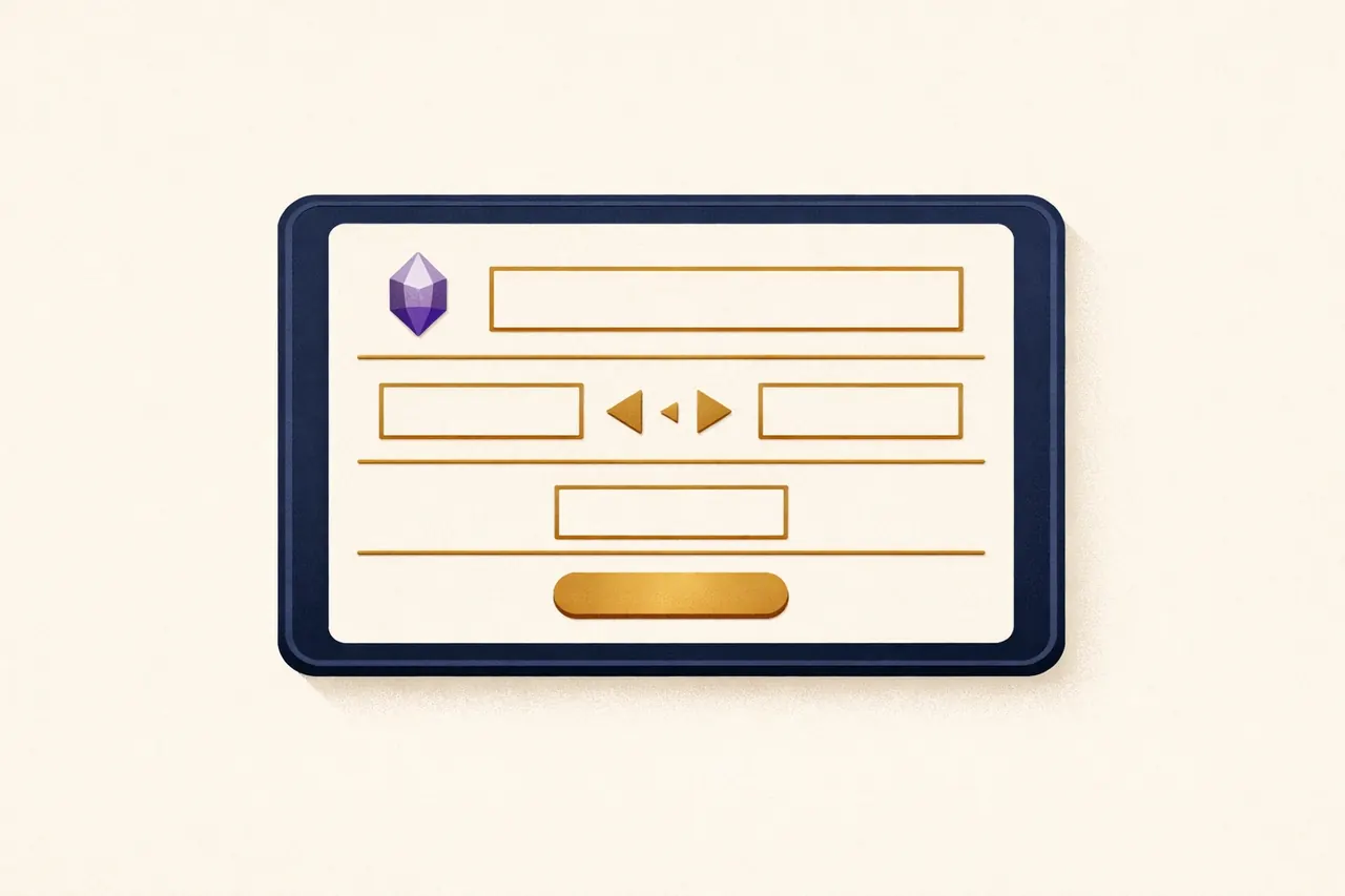 A clean order-ticket tablet with input rows and a violet crystal token, illustrating the different ways to buy Ethereum on Binance.us