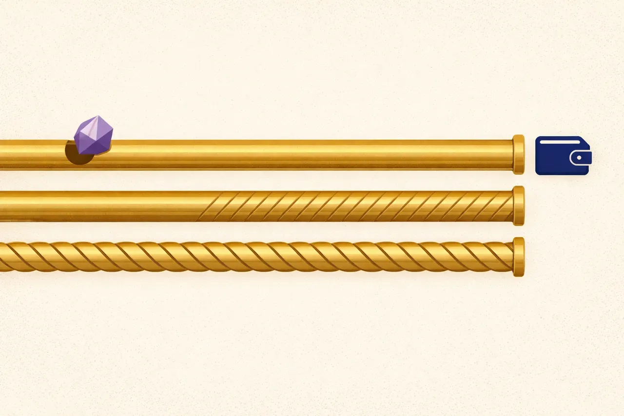 Three parallel brass pipes carrying a violet crystal token to a wallet outline, illustrating the withdrawal networks Binance.us offers for Ethereum