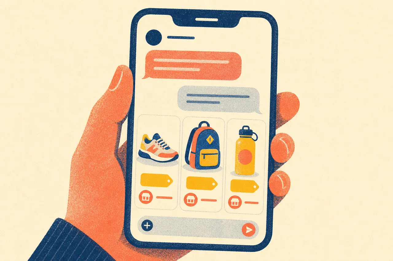 Phone chat answer showing product cards, AI search visibility for online shops